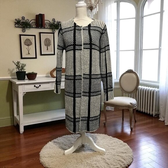 Sioni Long Cozy Gray Windowpane Plaid Cardigan Coatigan Sweater Jacket Size L - Picture 1 of 11